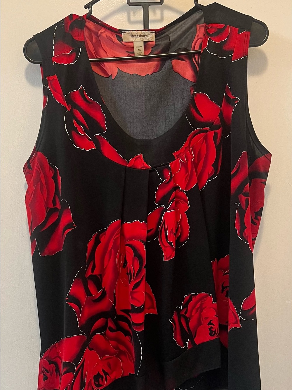 dressbarn Black Tank Top with Red Rose Motif